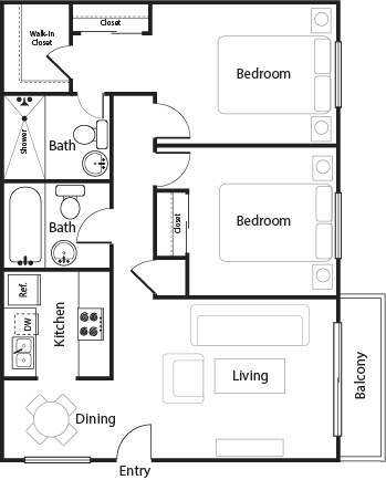 Floor plan for 2 beds, 2 baths, 1040 sqft